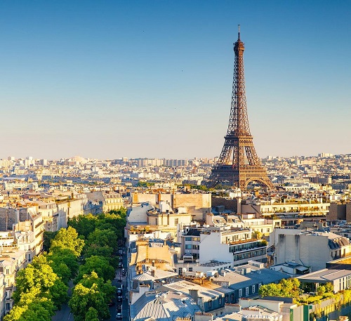 European city skyline at sunset